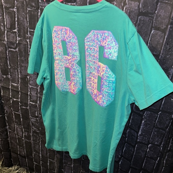 VICTORIA'S SECRET PINK T-Shirt MINT AQUA TEAL #86 BLING Sequined RARE HTF Sz XL - Picture 7 of 16